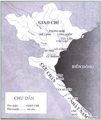 Lược đồ Âu Lạc thế kỷ I-III (Nhà Hán chia Âu Lạc thành ba quận là Giao Chỉ, Cửu Chân và Nhật Nam)